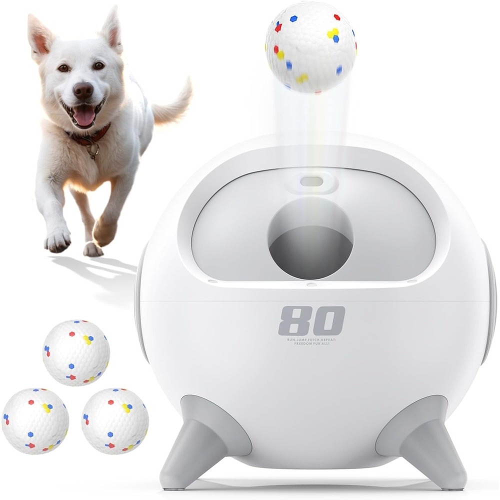 uahpet Automatic Dog Ball Launcher 20-80ft Adjustable‎ w/4 Balls Large Dogs